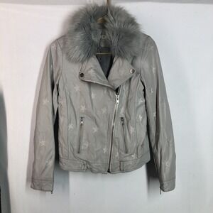 Samantha Sipos Biker Jacket Size XS Leather  Stars Leather Faux Fur Gray